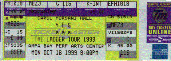 Yes concert ticket Tampa Florida - Ladder tour 1999