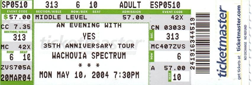 Yes concert ticket for 35th anniversary tour in Philadelphia